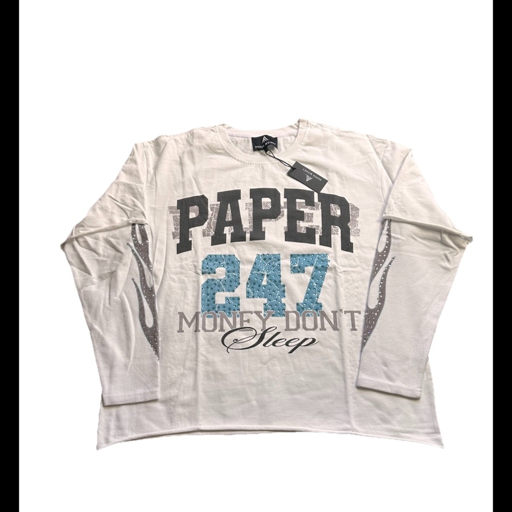 Paper Money Long Sleeve Rhinestone Thermal Layered “Money Don’t Sleep” T-Shirt